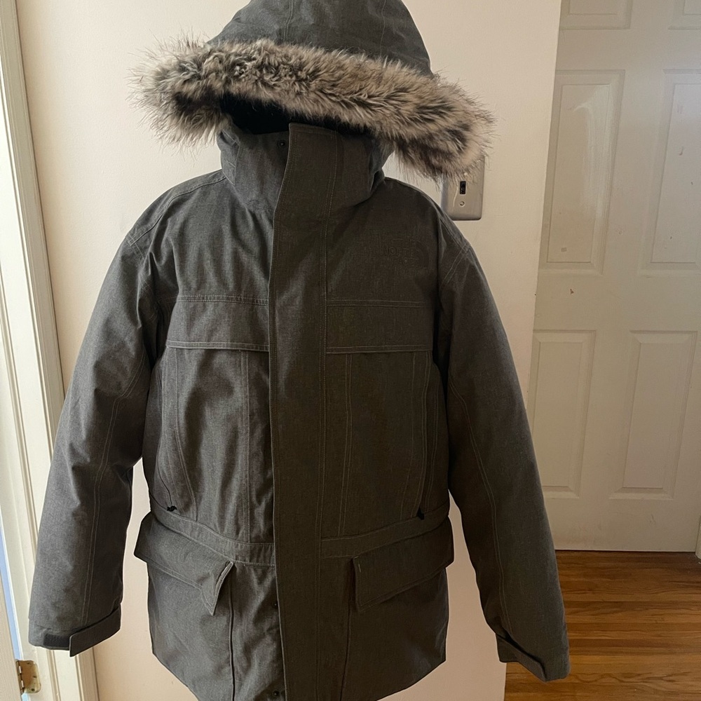 The North Face Gray Puffer Jacket with Faux Fur Hood